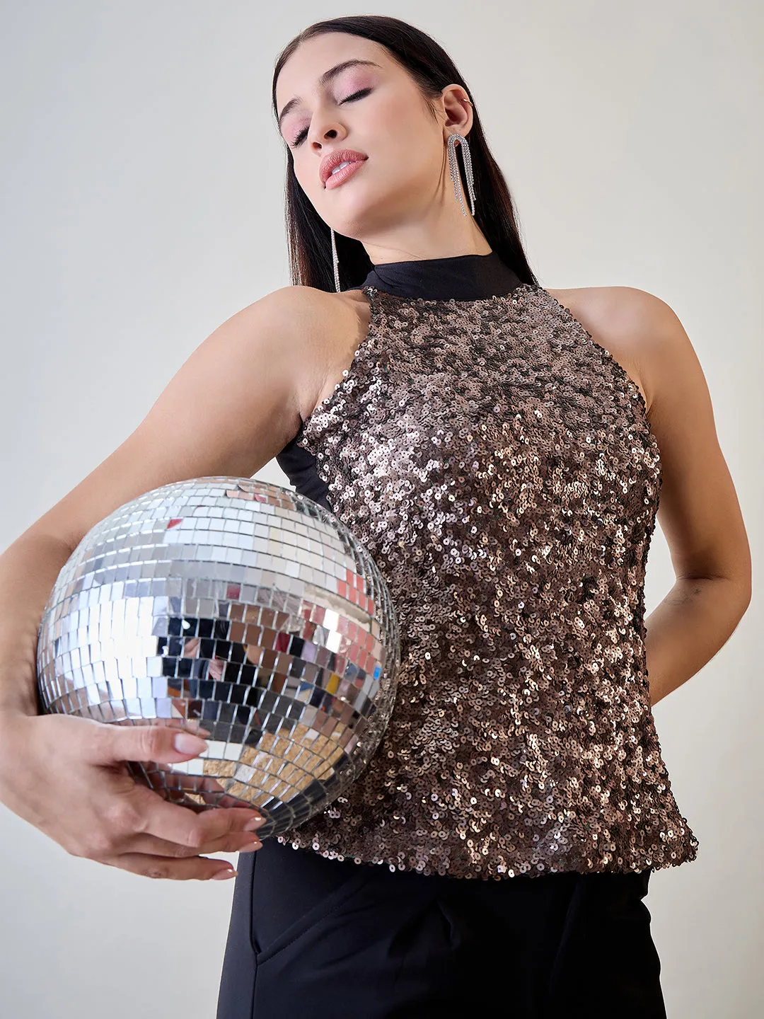 Sequined Brown Flashy Top