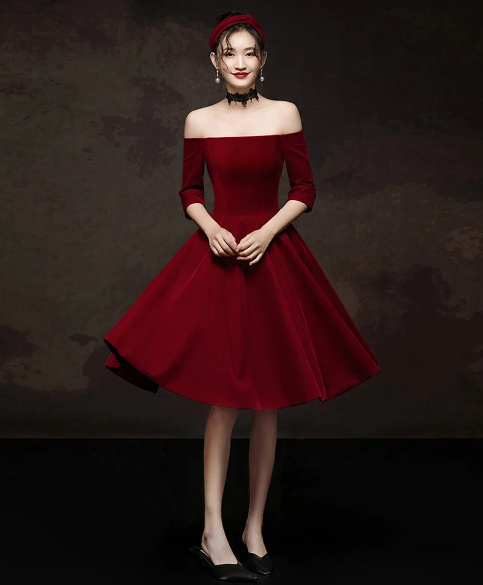 Simple Burgundy Short Prom Dress, Velvet Burgundy Homecoming Dress