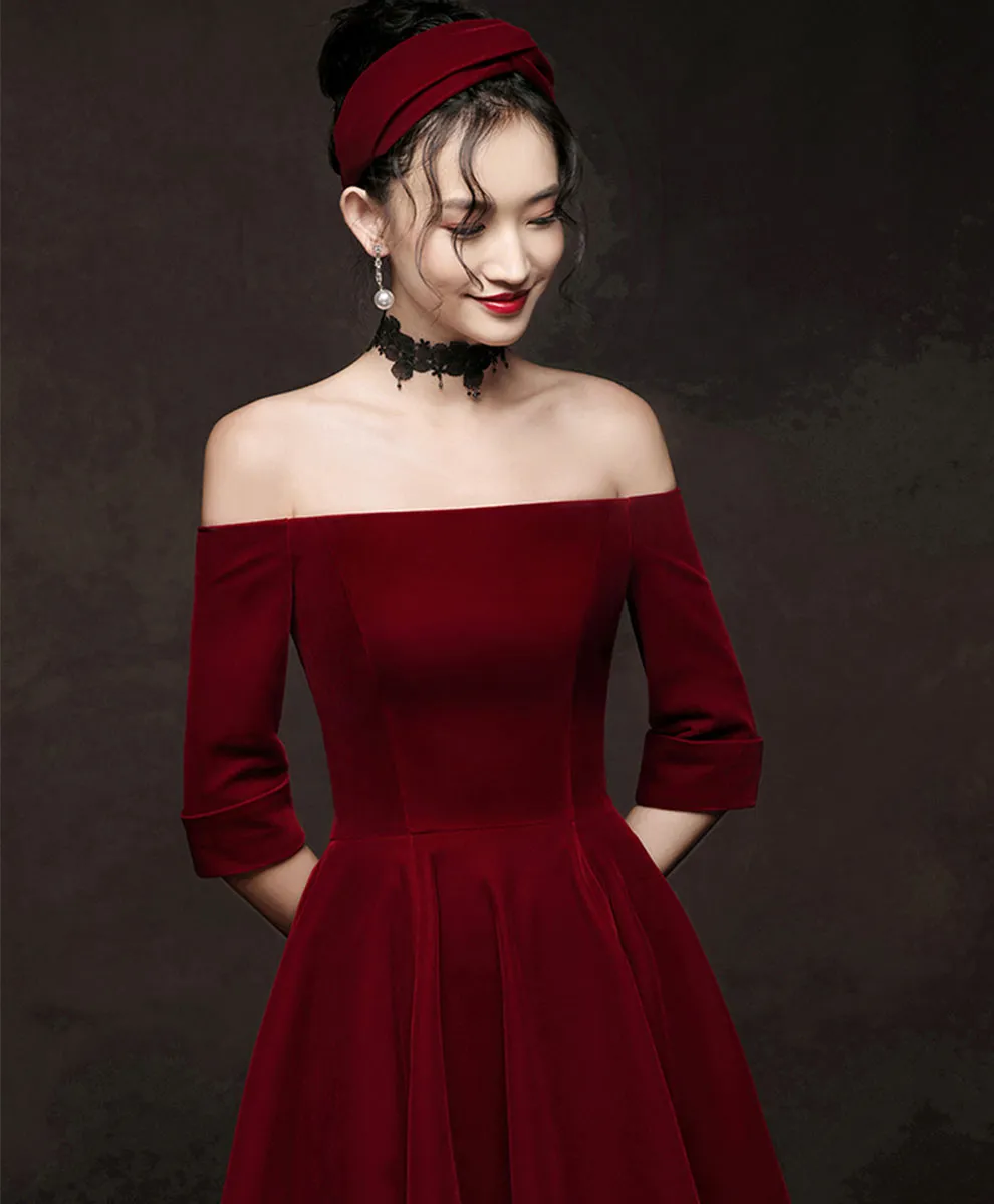 Simple Burgundy Short Prom Dress, Velvet Burgundy Homecoming Dress