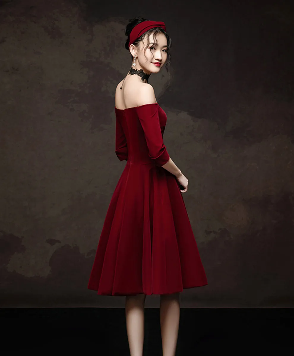 Simple Burgundy Short Prom Dress, Velvet Burgundy Homecoming Dress