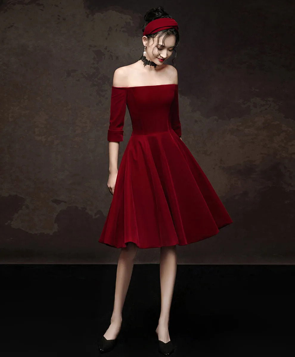 Simple Burgundy Short Prom Dress, Velvet Burgundy Homecoming Dress