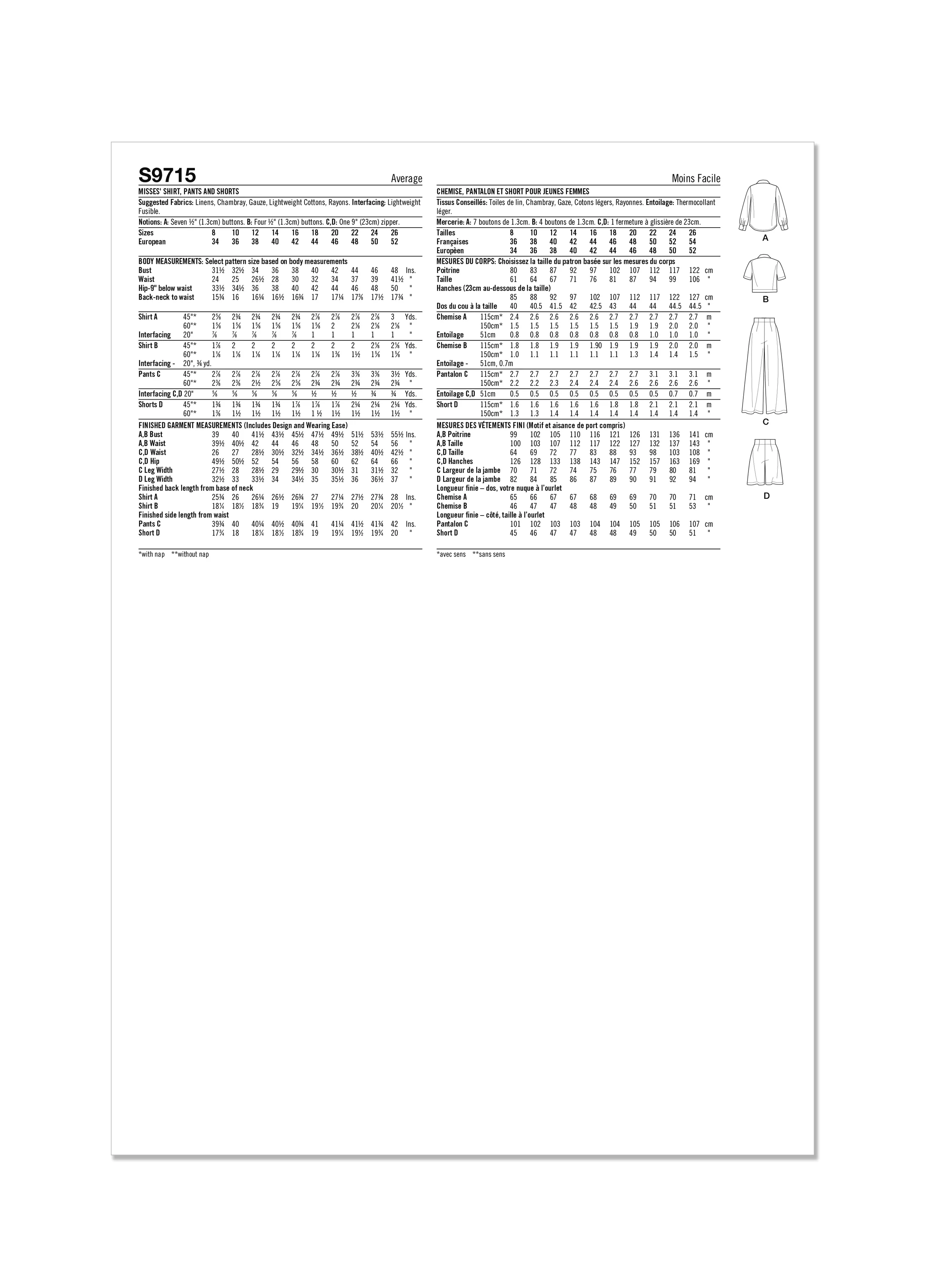 Simplicity Pattern S9715 Misses Shirt, Pants and Shorts