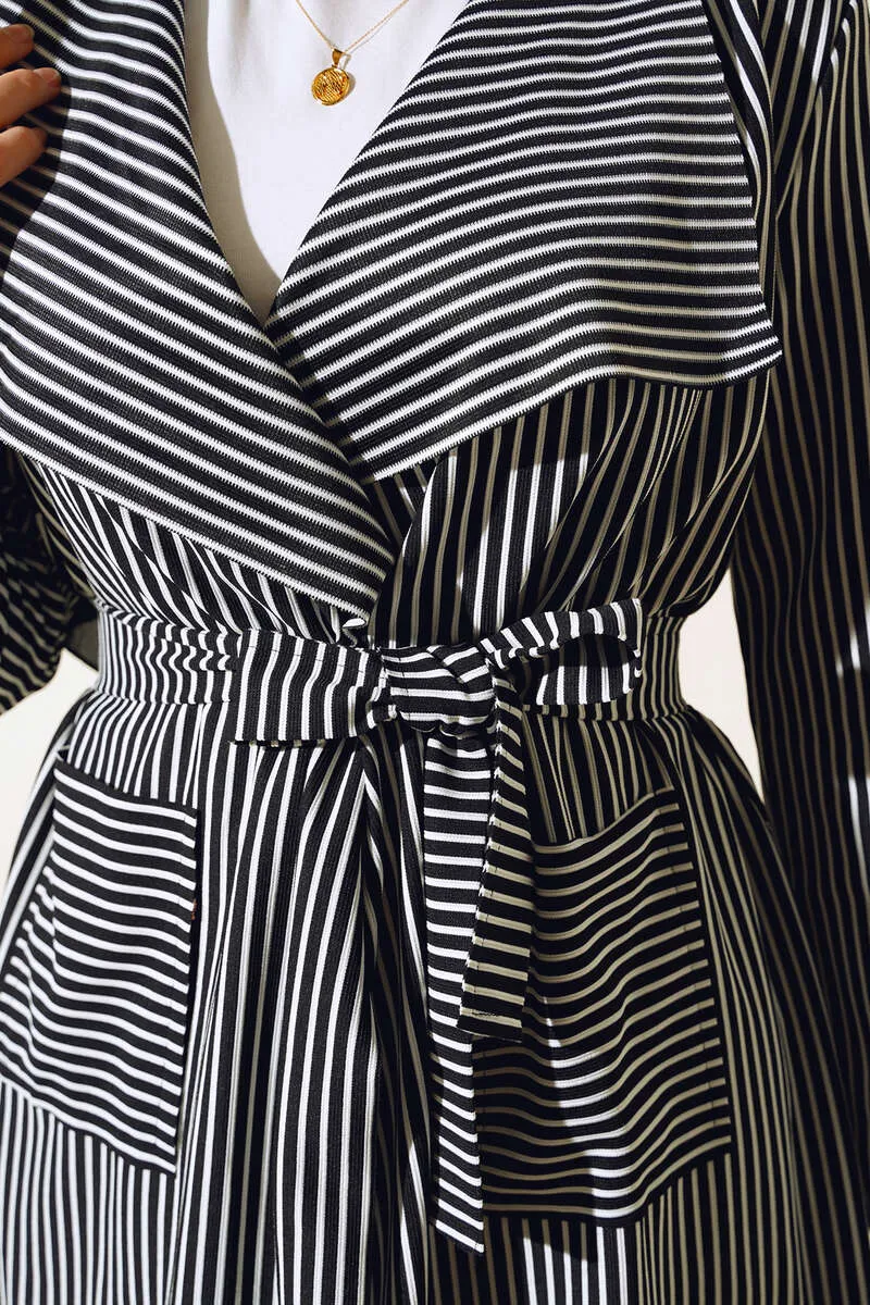 Striped Long Trench Coat Black