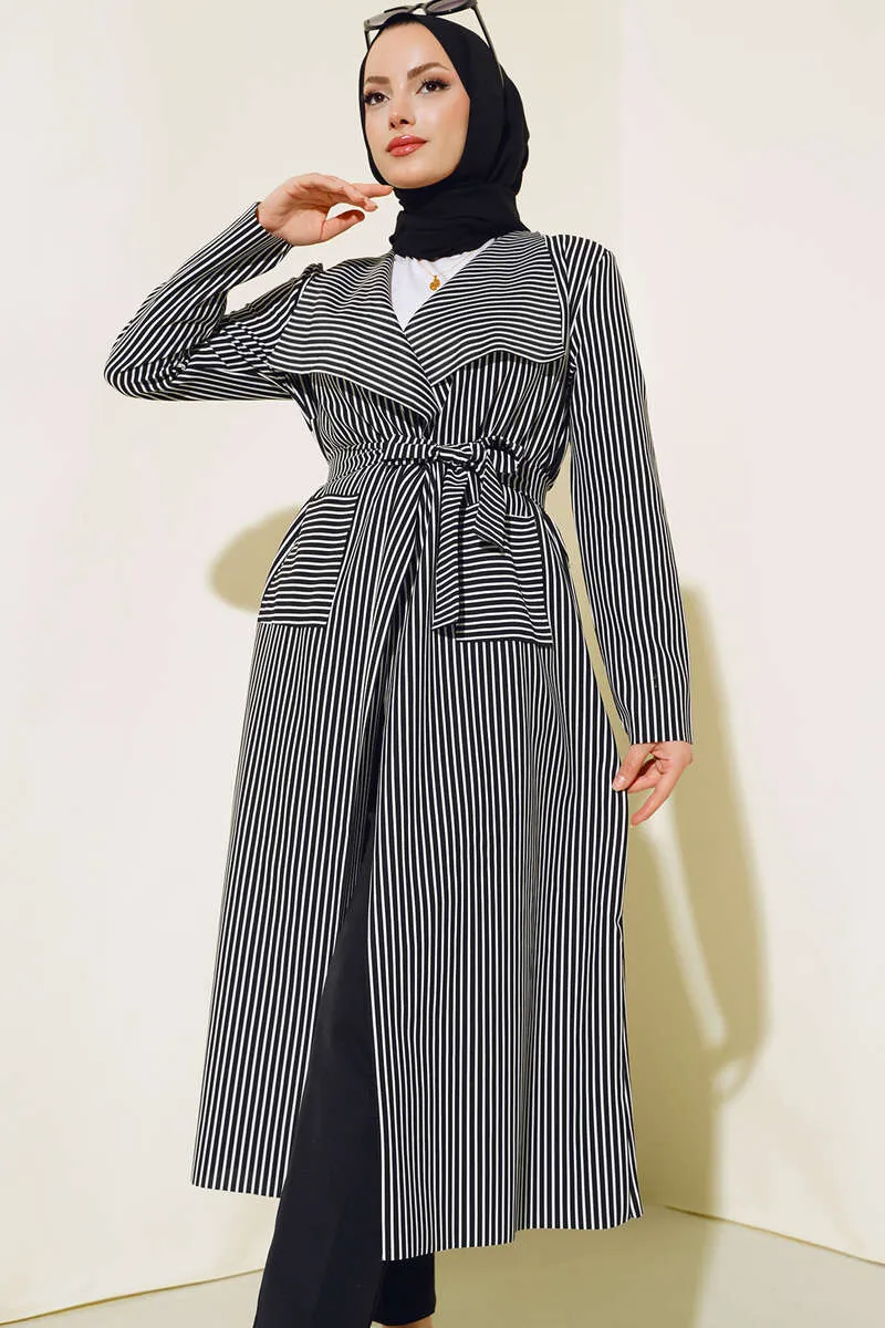 Striped Long Trench Coat Black