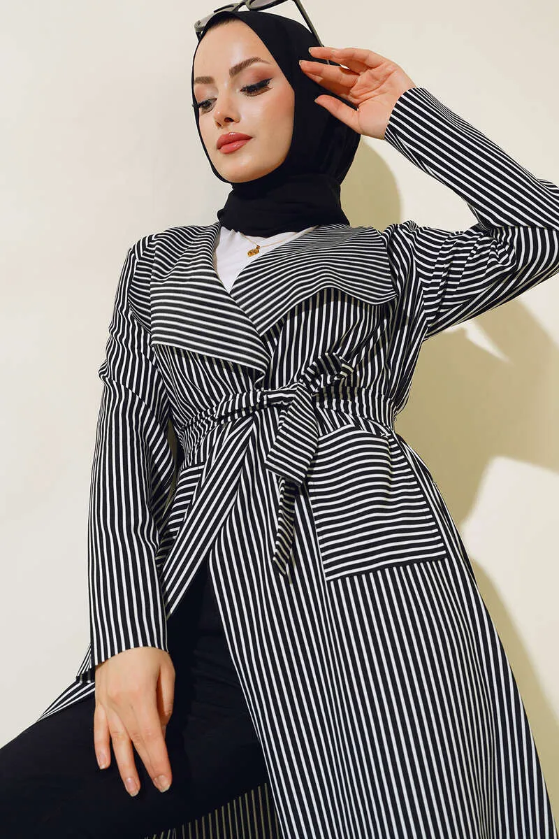 Striped Long Trench Coat Black