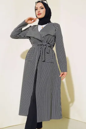 Striped Long Trench Coat Black