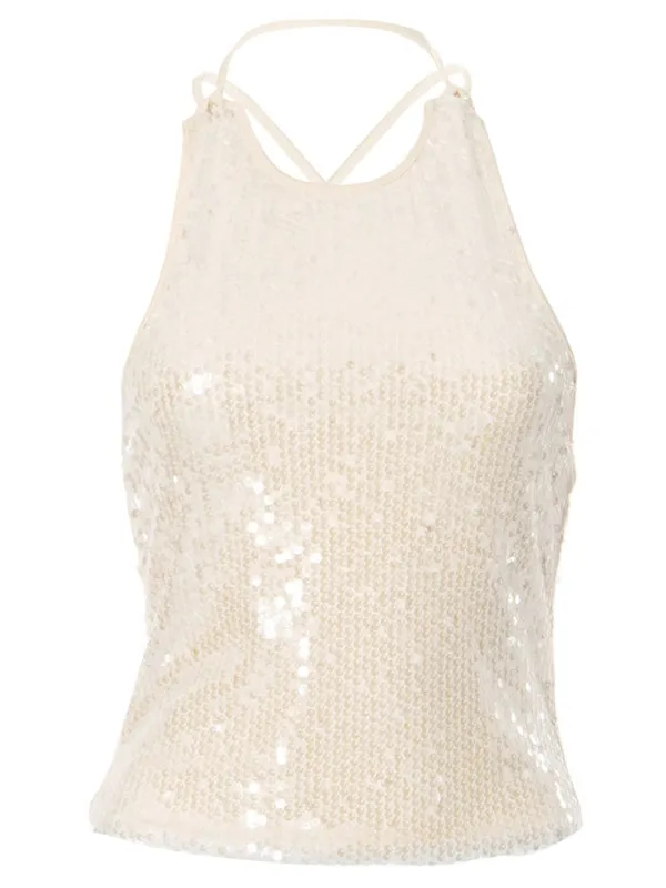 Tie-Up Back Sequin Tank - Women's Festive Party Sparkle Top