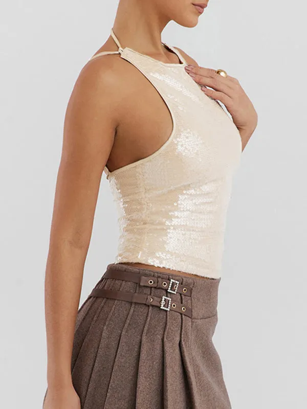 Tie-Up Back Sequin Tank - Women's Festive Party Sparkle Top