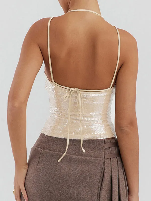 Tie-Up Back Sequin Tank - Women's Festive Party Sparkle Top