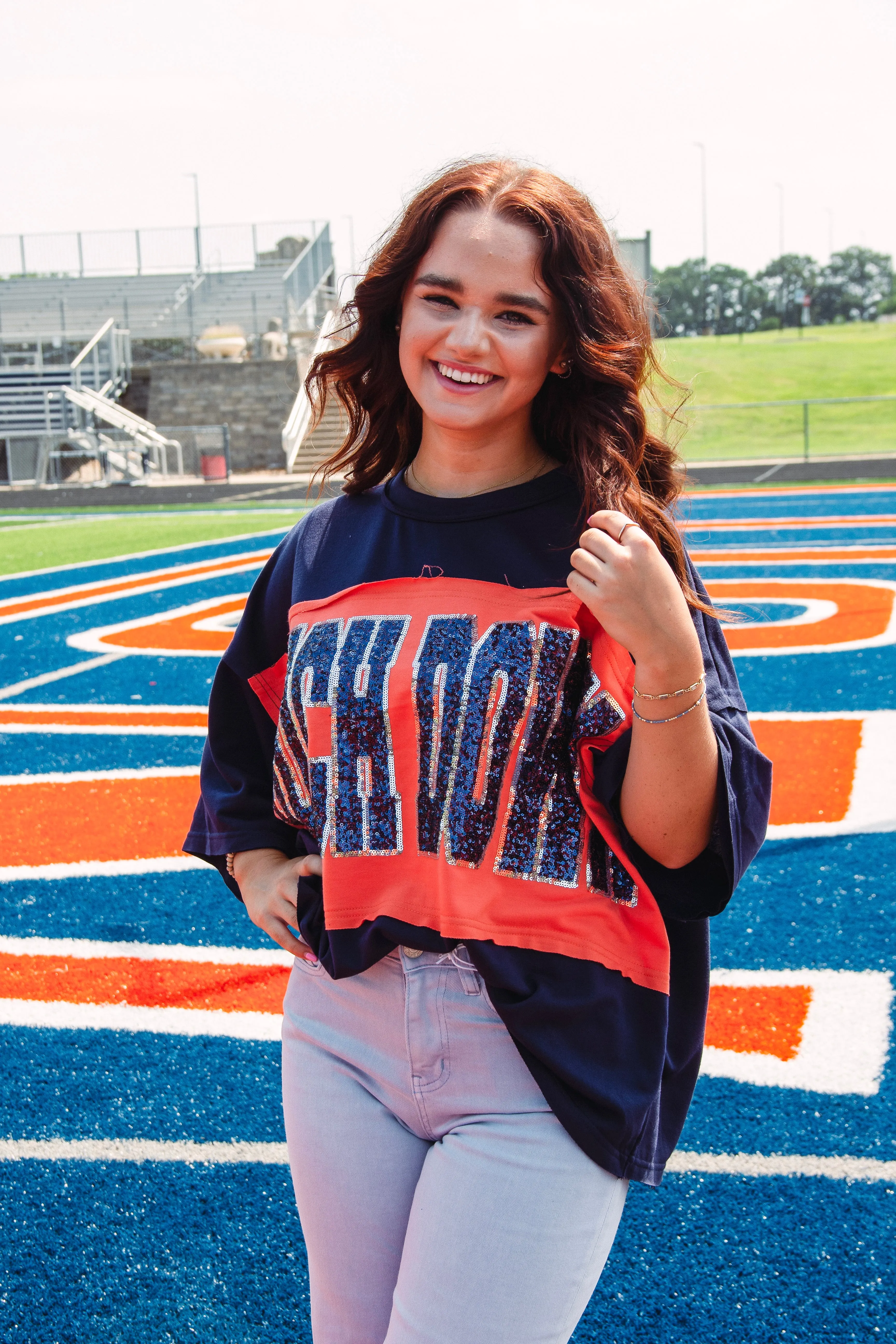 Touchdown Sequined Top-- Orange/Navy