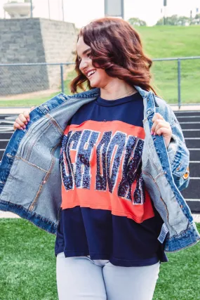 Touchdown Sequined Top-- Orange/Navy