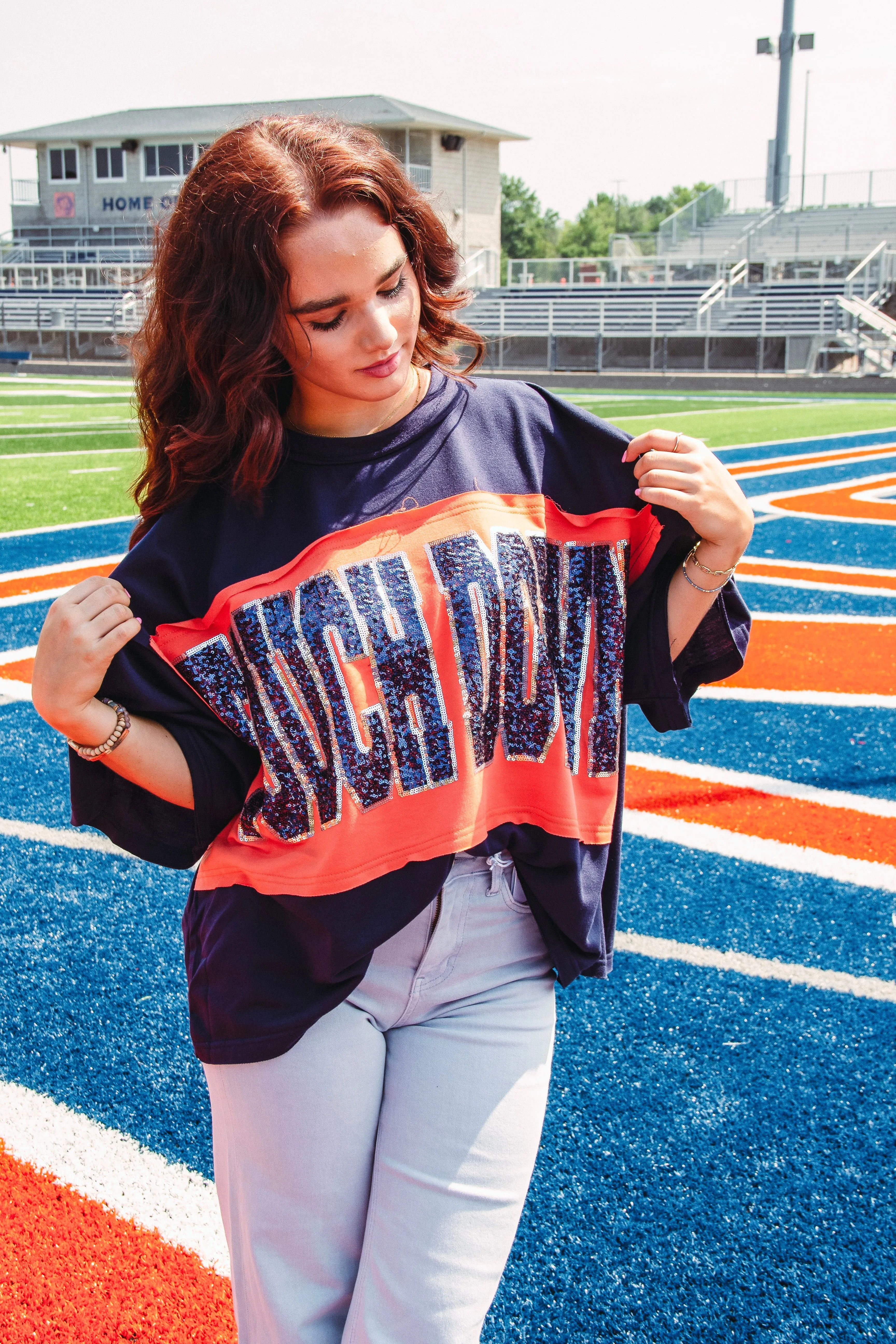 Touchdown Sequined Top-- Orange/Navy