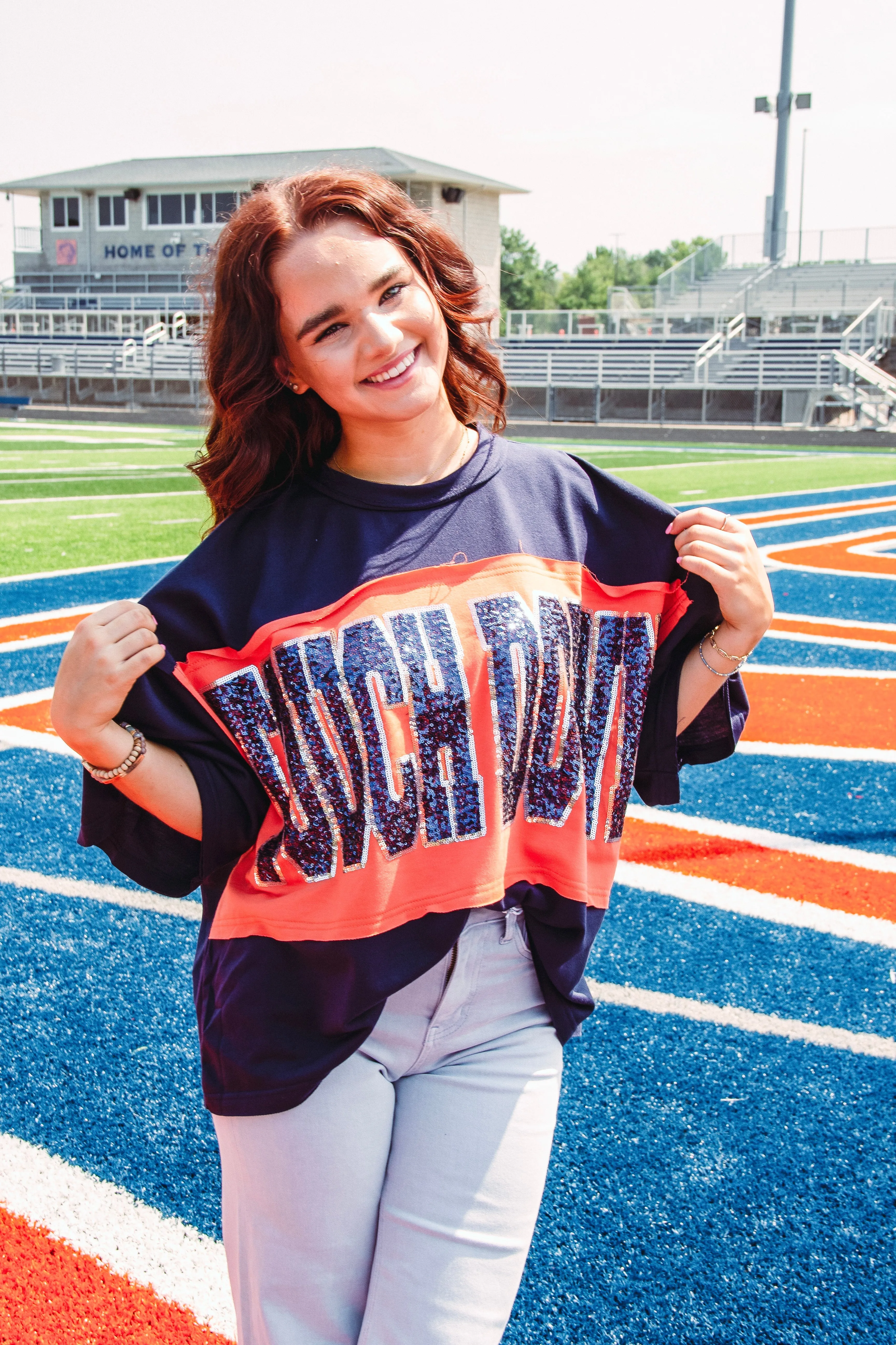 Touchdown Sequined Top-- Orange/Navy