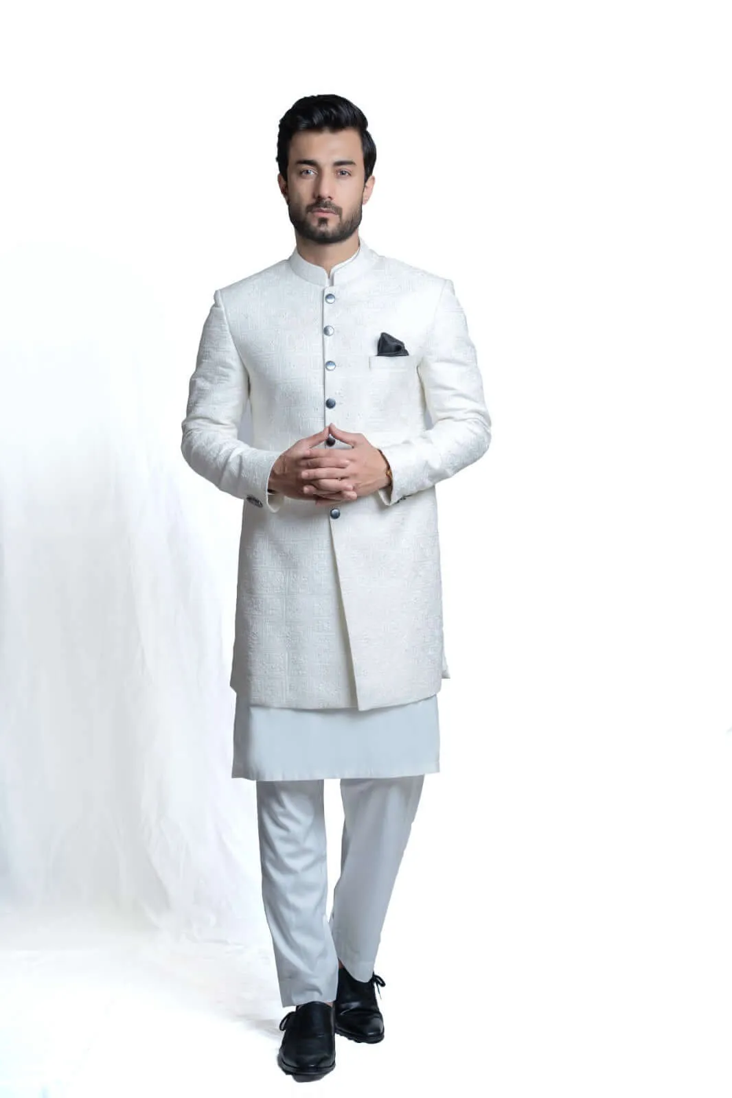 Turkish-Inspired White Embroidered Sherwani