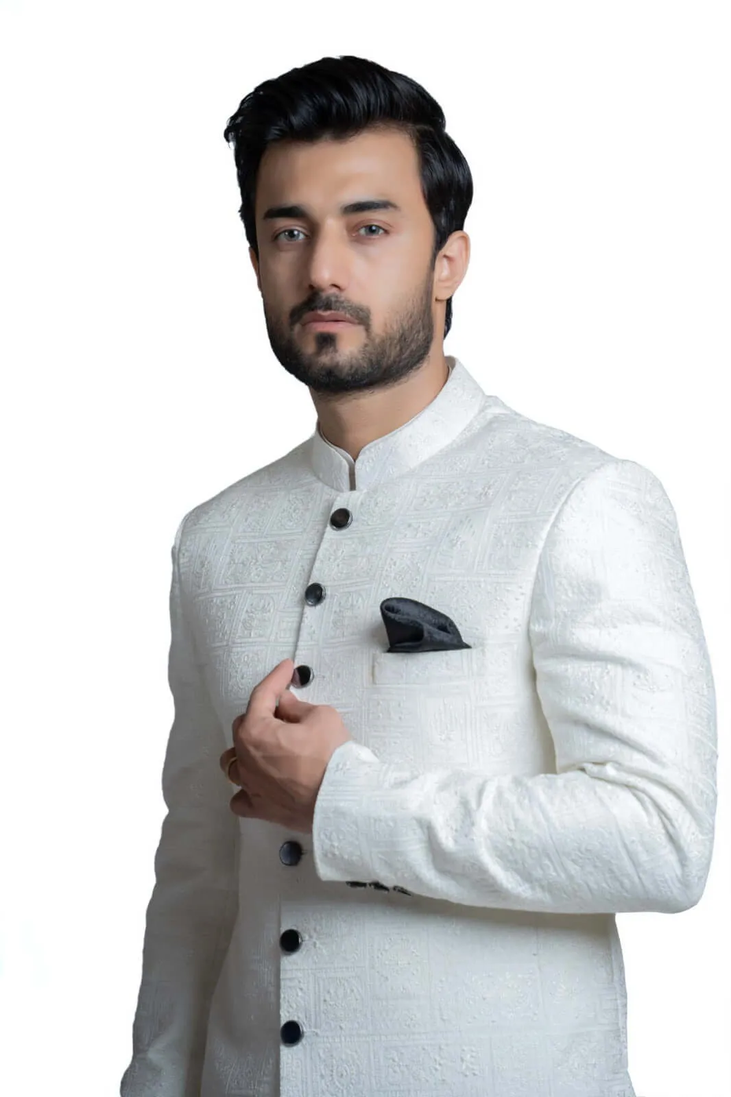 Turkish-Inspired White Embroidered Sherwani