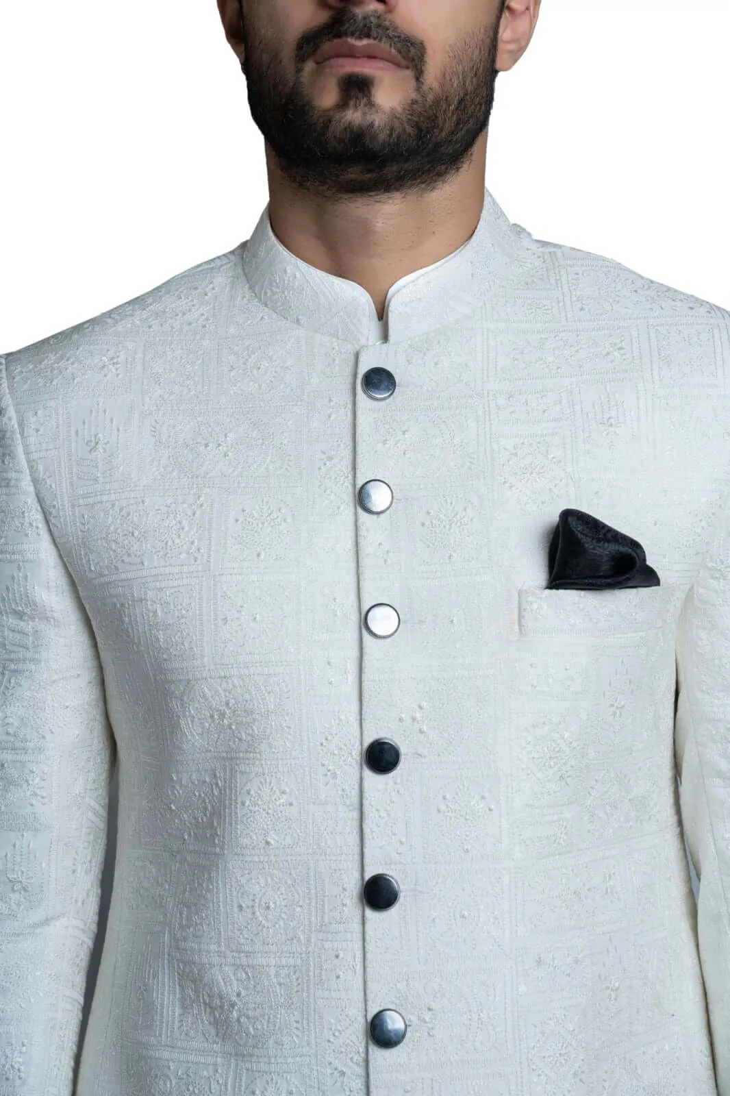 Turkish-Inspired White Embroidered Sherwani