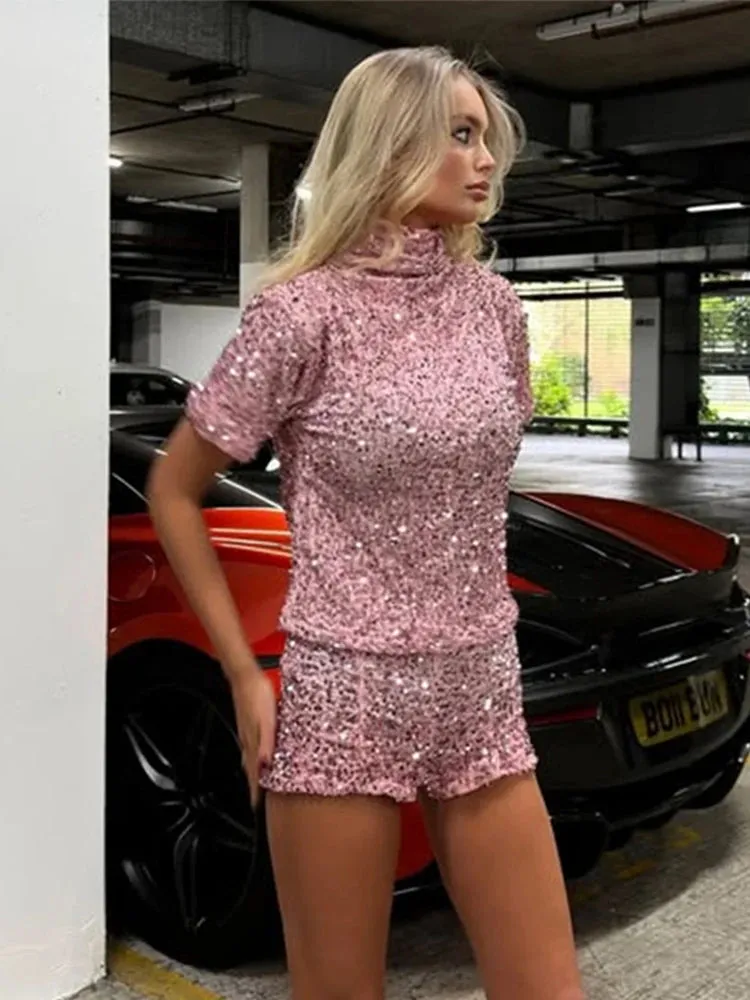 UAKISS  -  Solid Sequined Women Tops Shorts Sets Stand Collar Long Sleeve Female Suit 2025 Spring Summer High Waist Slim Lady Pant Set