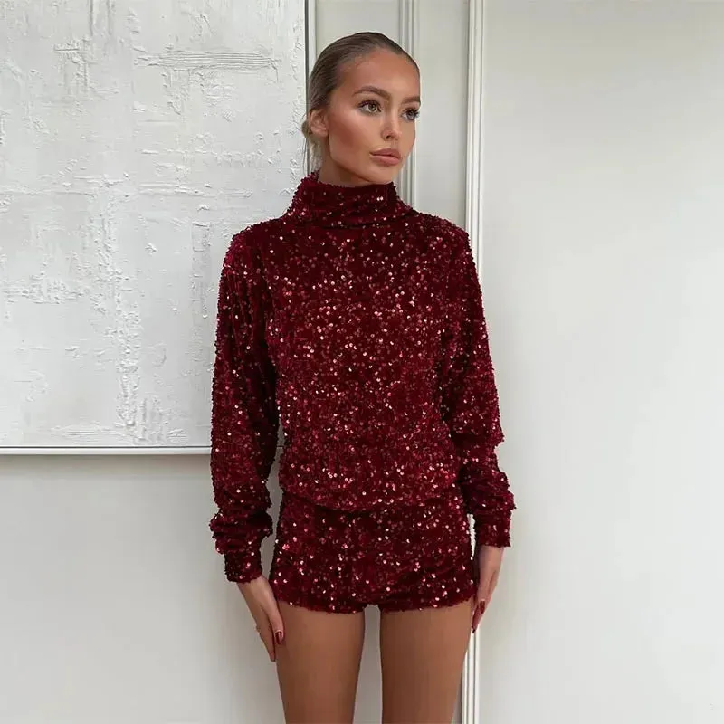 UAKISS  -  Solid Sequined Women Tops Shorts Sets Stand Collar Long Sleeve Female Suit 2025 Spring Summer High Waist Slim Lady Pant Set