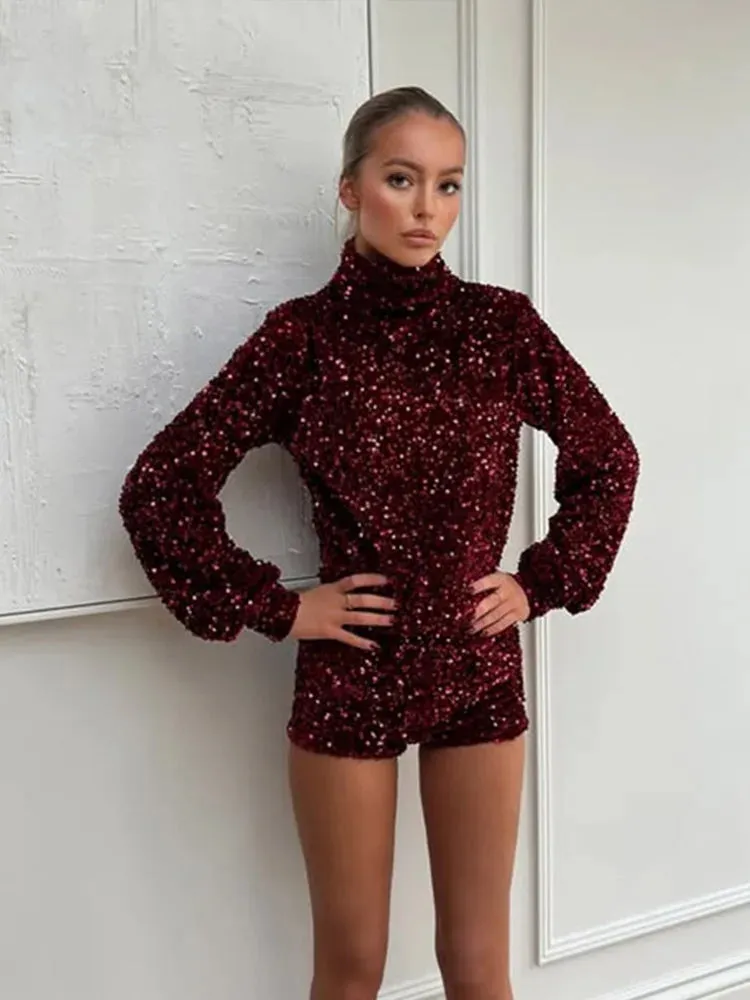 UAKISS  -  Solid Sequined Women Tops Shorts Sets Stand Collar Long Sleeve Female Suit 2025 Spring Summer High Waist Slim Lady Pant Set