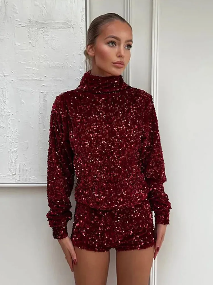 UAKISS  -  Solid Sequined Women Tops Shorts Sets Stand Collar Long Sleeve Female Suit 2025 Spring Summer High Waist Slim Lady Pant Set