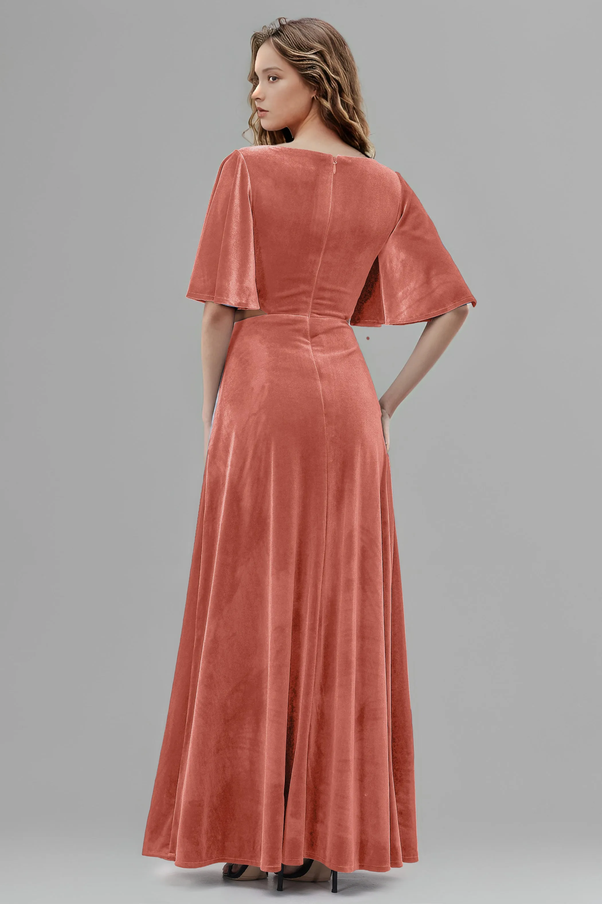 V-neck Half Sleeves A-line Cut Out Waist Velvet Bridesmaid Dresses