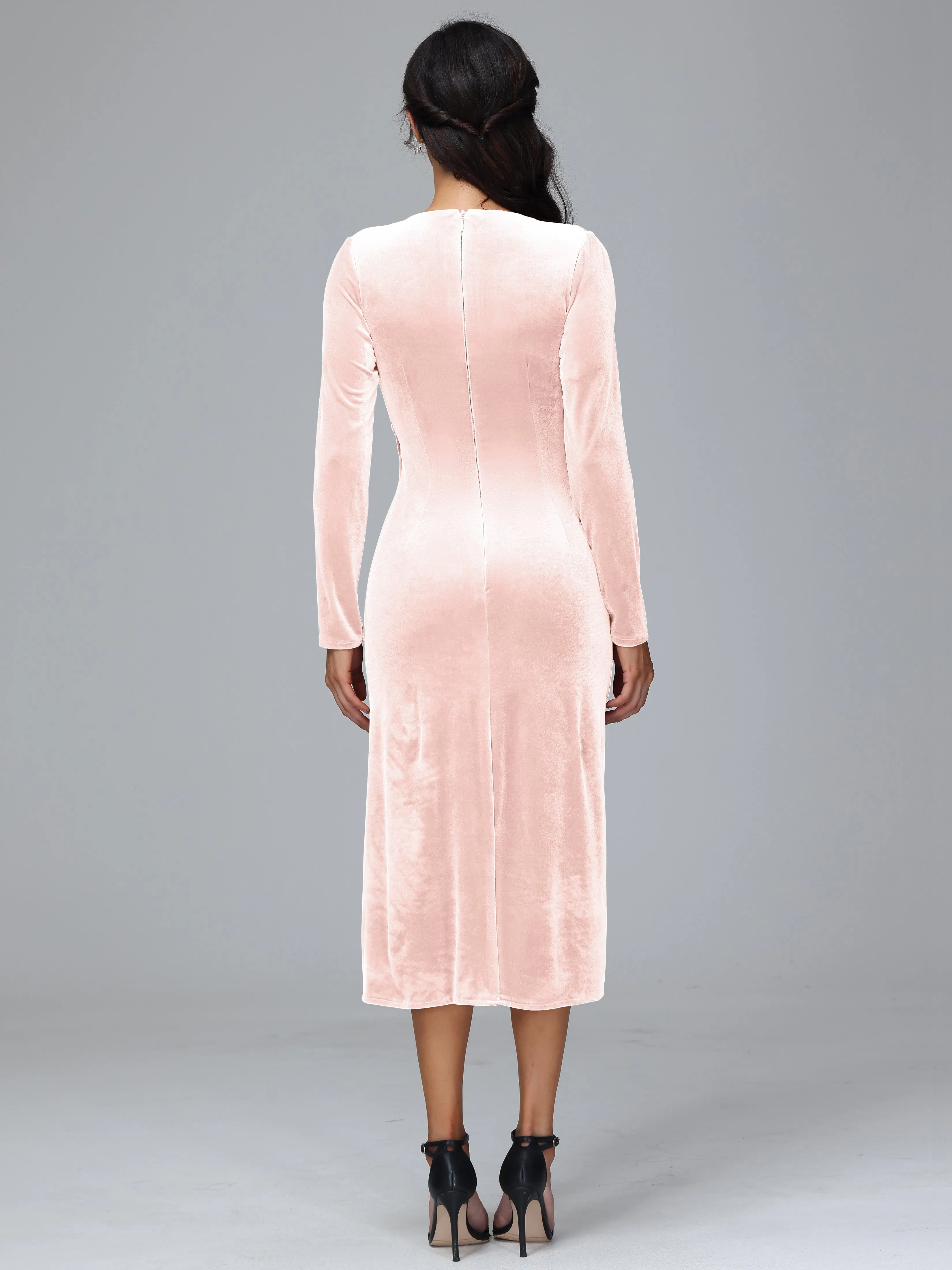 V-Neck Long Sleeves Pleats Tea Length Velvet Dresses With Split