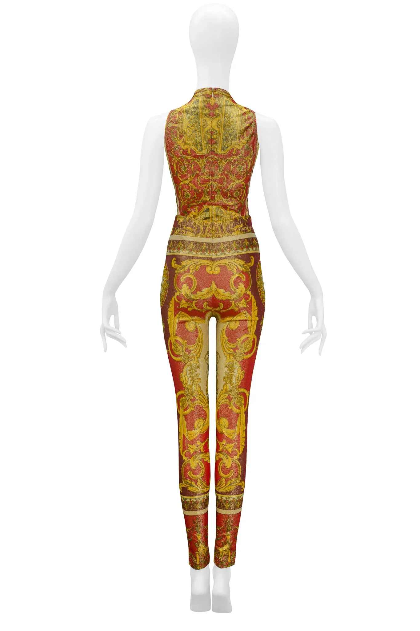 VERSACE 1992 RED & GOLD METALLIC SPANDEX BAROQUE ENSEMBLE