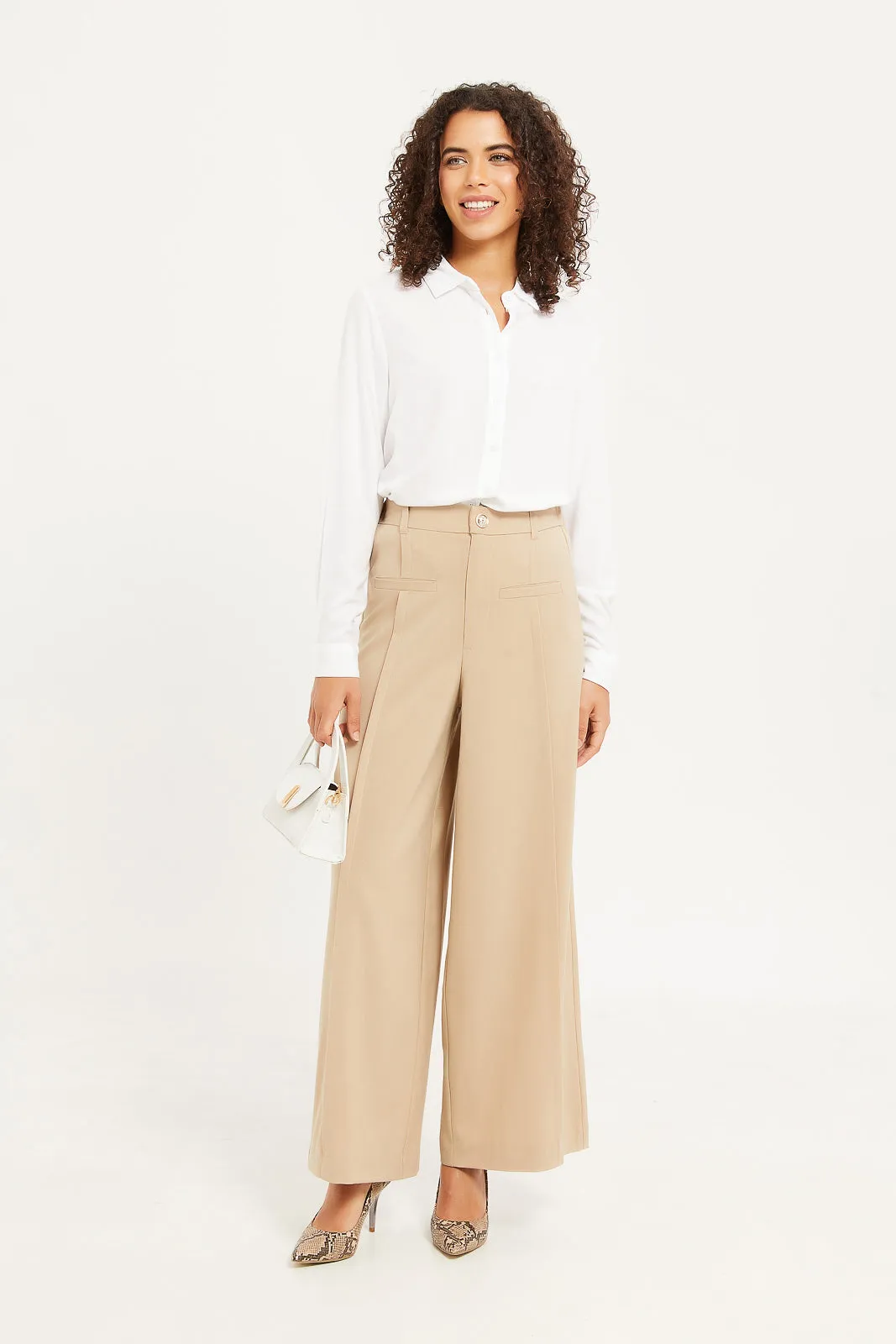 Women Beige Wide Leg Trouser With Pleat Detail