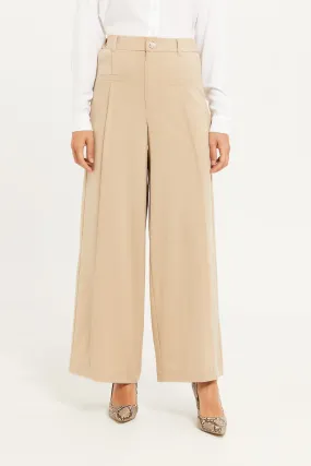 Women Beige Wide Leg Trouser With Pleat Detail