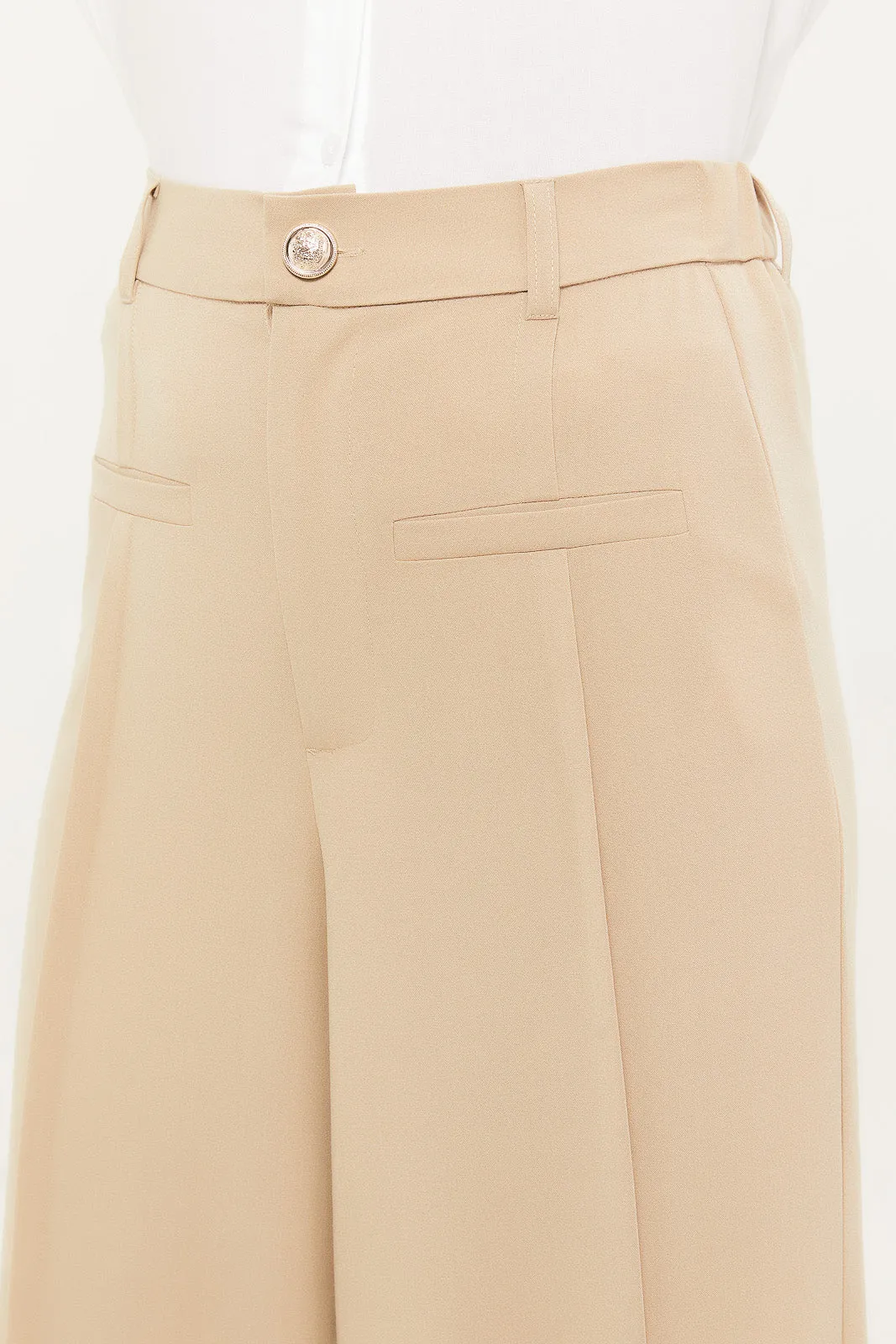Women Beige Wide Leg Trouser With Pleat Detail