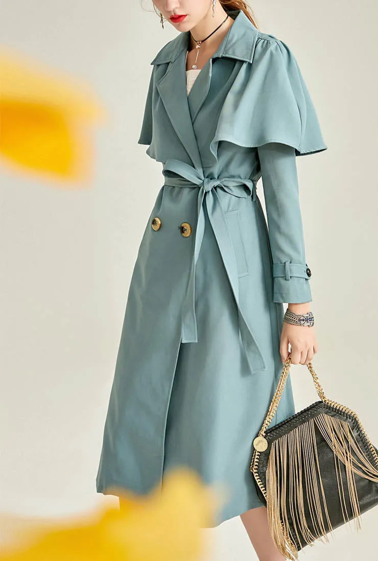 Women Belted Waist Cape Trench Coat