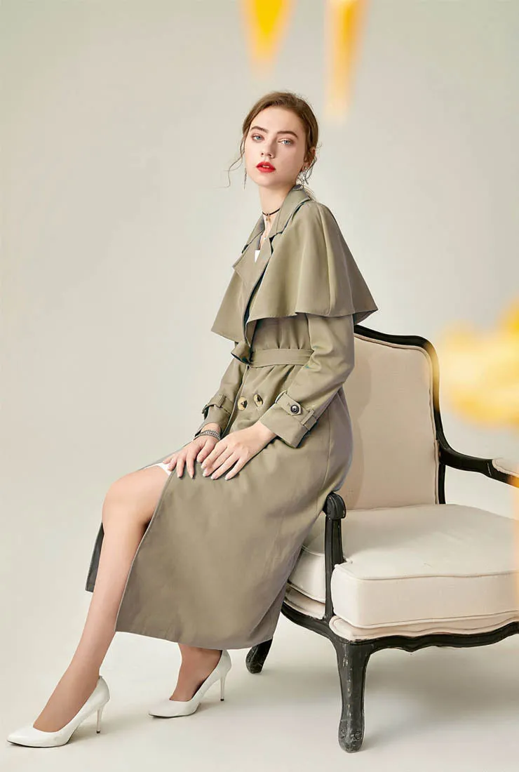 Women Belted Waist Cape Trench Coat