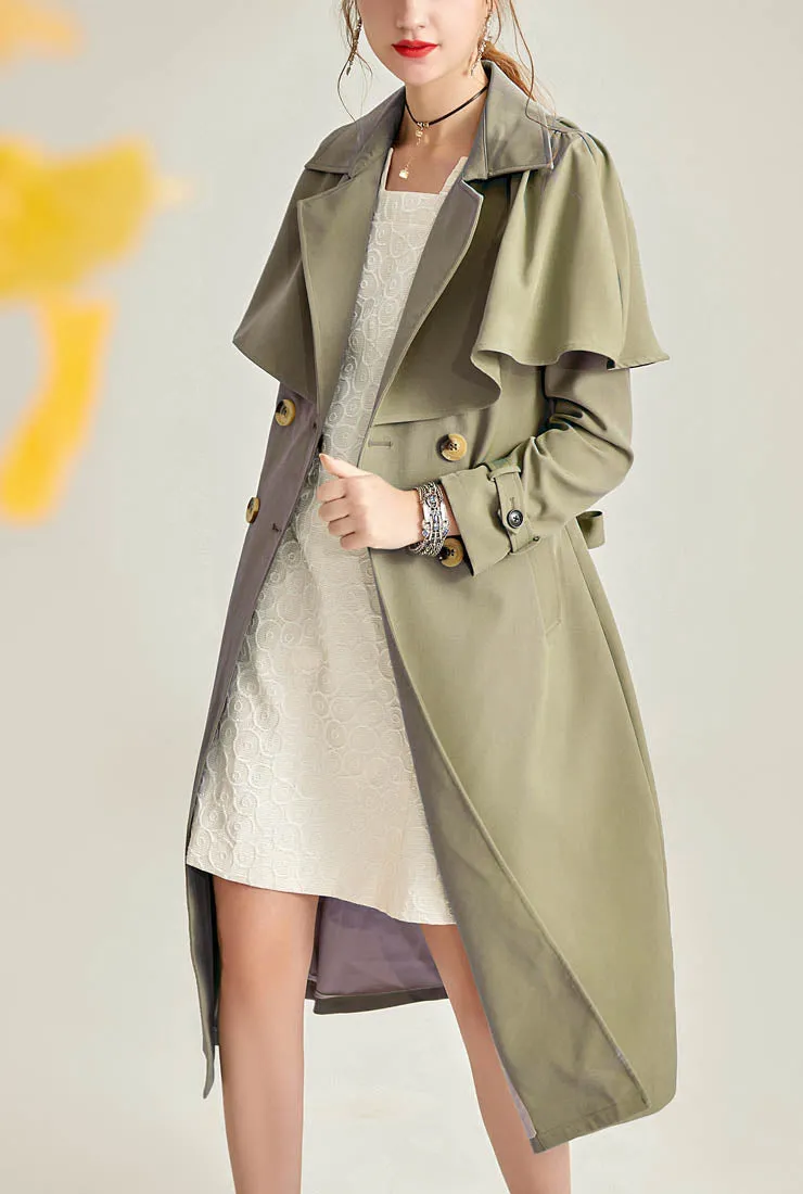 Women Belted Waist Cape Trench Coat