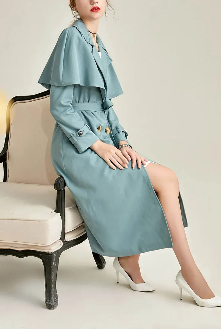 Women Belted Waist Cape Trench Coat