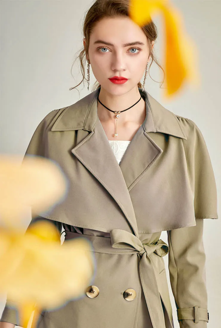 Women Belted Waist Cape Trench Coat