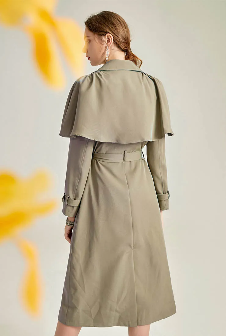 Women Belted Waist Cape Trench Coat