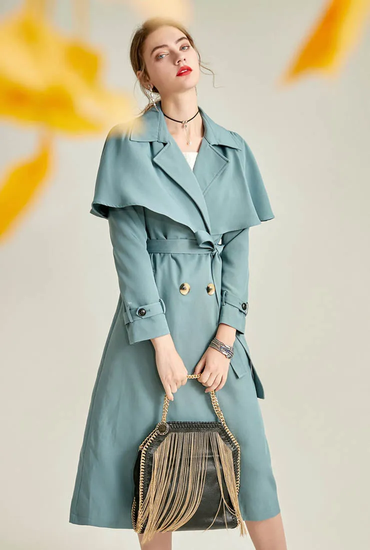 Women Belted Waist Cape Trench Coat