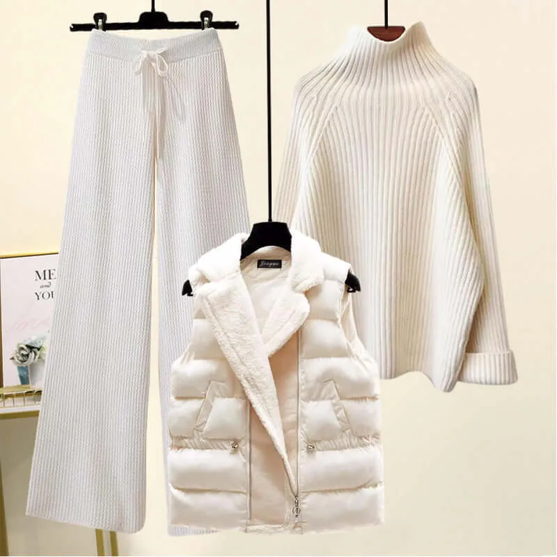 Women's Cotton 3-Piece Set: Cardigan, Turtleneck, High-Waisted Pants