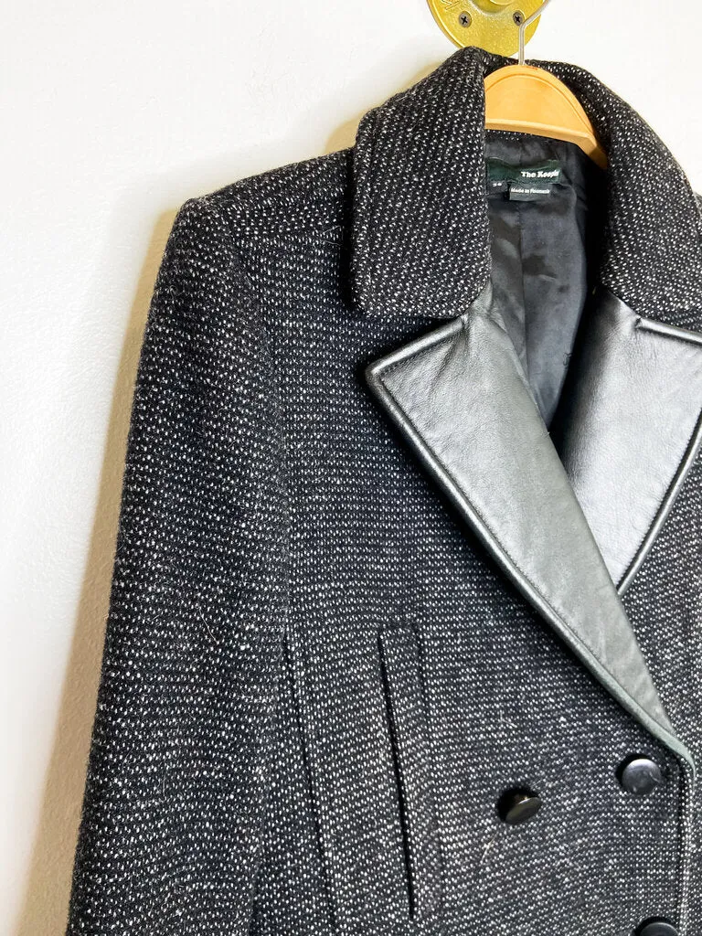 Wool Blend Double Breasted Jacket with Leather Lapels