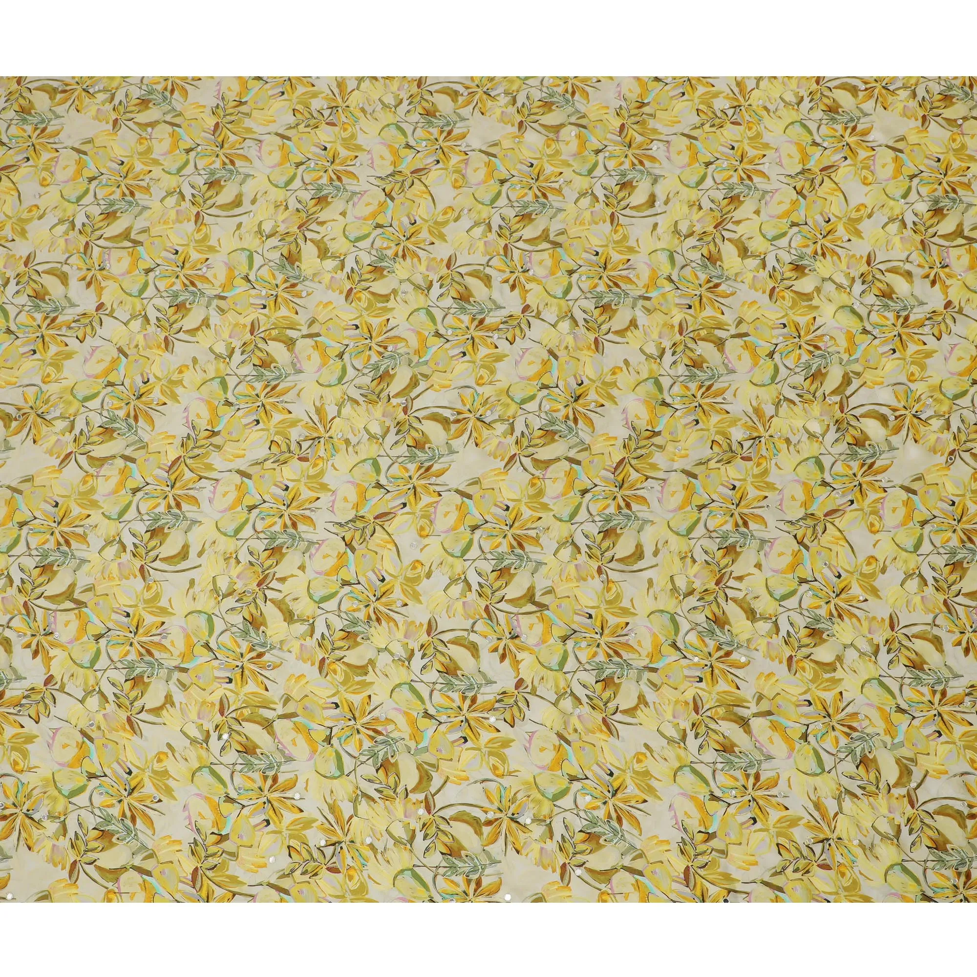 Yellow Floral Viscose Modal Satin Fabric with Mirror Work - 110 cm Width-D20265