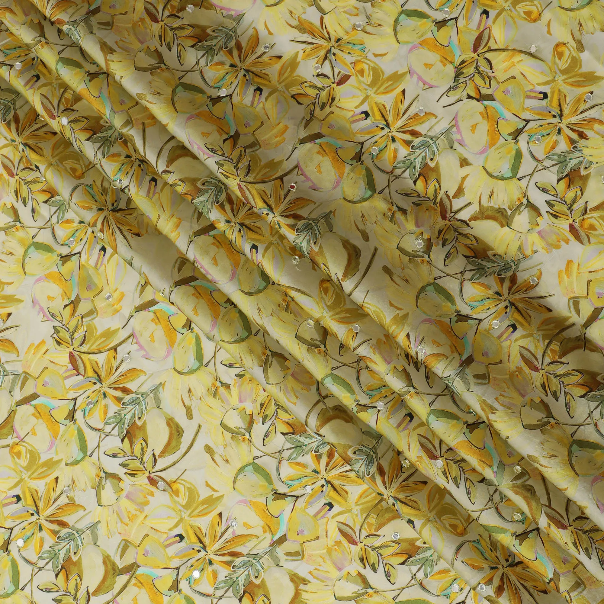 Yellow Floral Viscose Modal Satin Fabric with Mirror Work - 110 cm Width-D20265